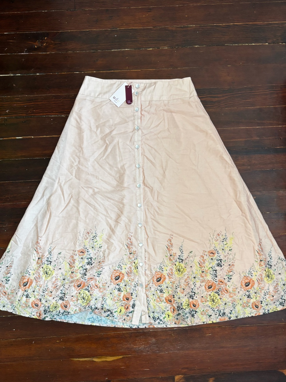 NWT Udel NY Blush Pink A-Line Maxi Skirt with Floral Border